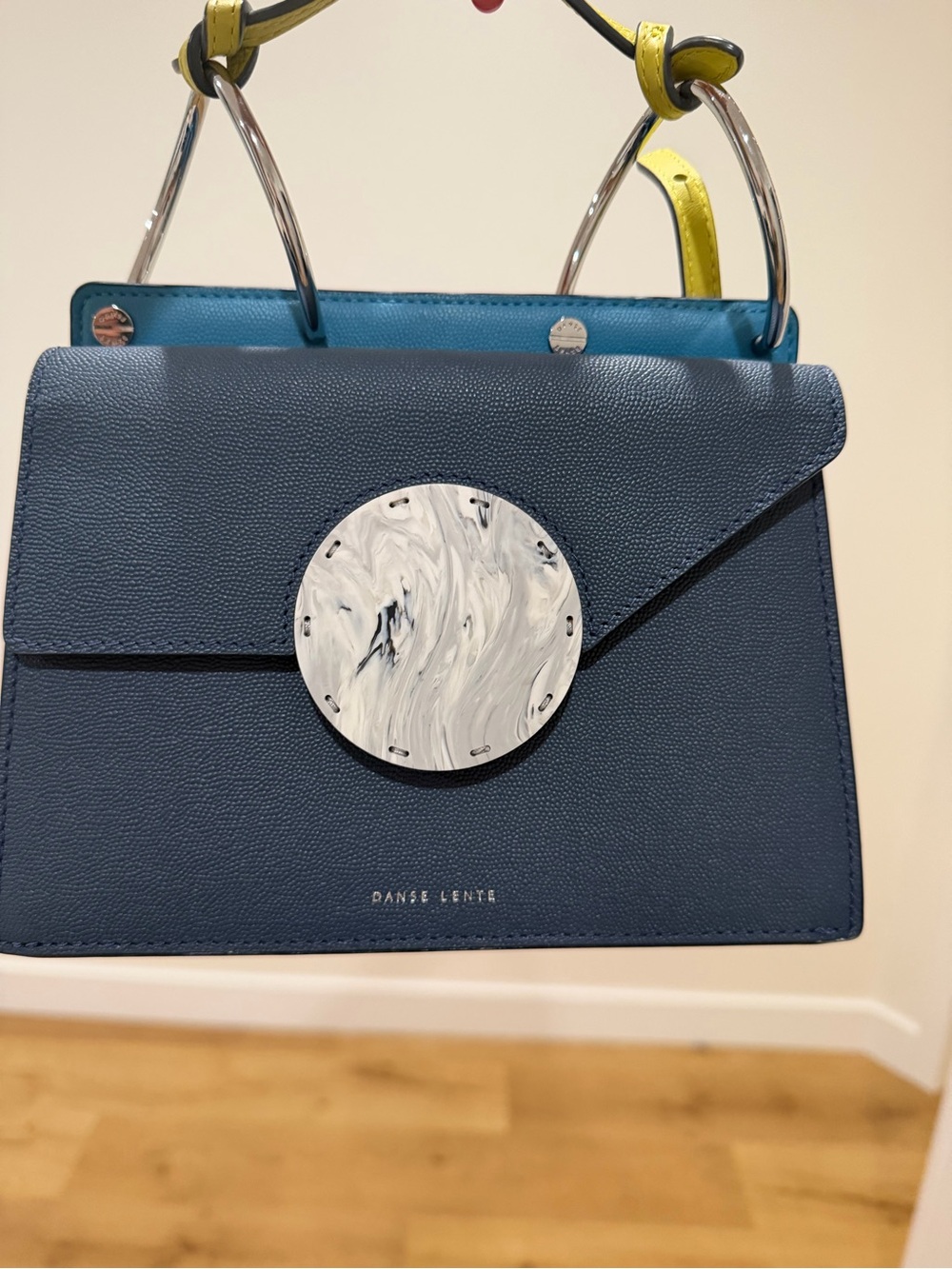 Danse Lente Blue Leather Top-Handle Bag with Marble Accent & Yellow Strap